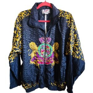 Vintage Aryee Argee Vintage 80's Black Gold Lion Crown Crest Jacket Unisex‎ L
